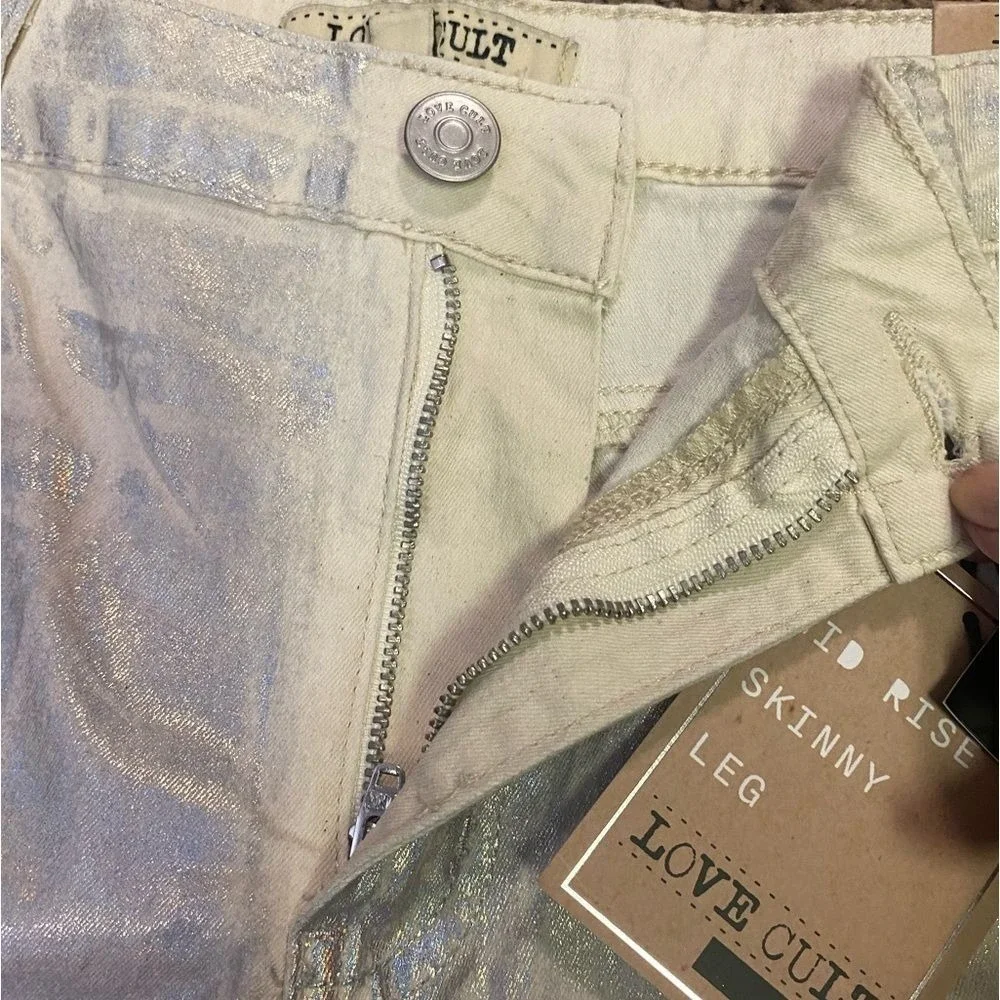 Love Cult‎ Denim Mid Rise Skinny Leg, Silver Foil Holographic Jeans Large NWT
